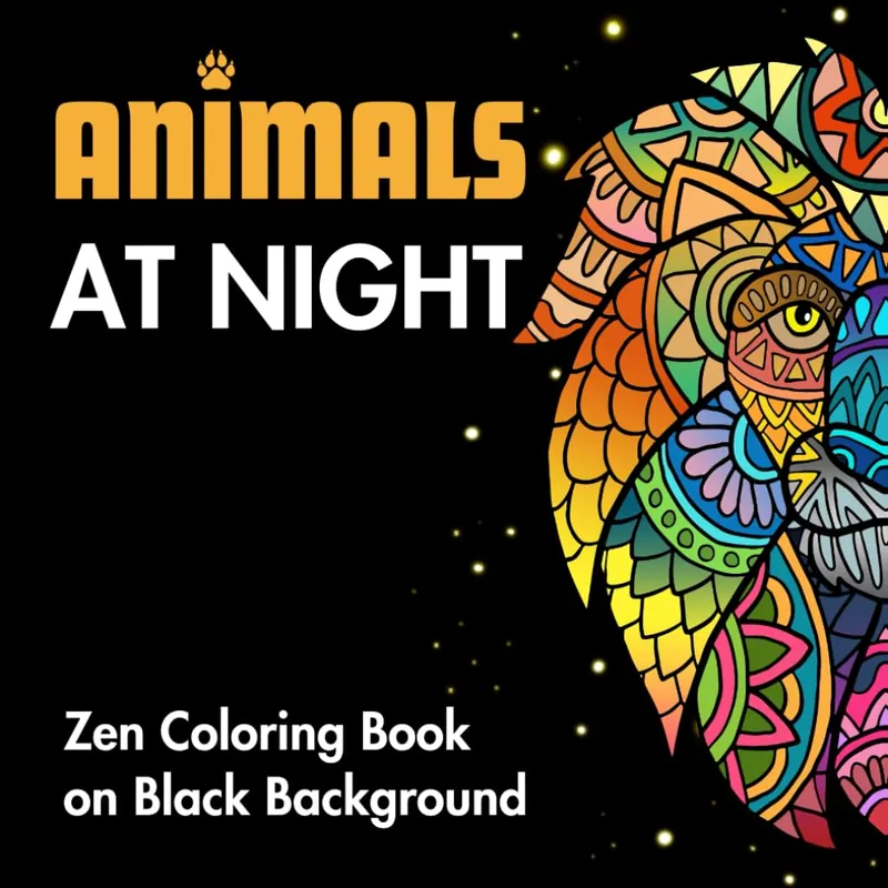 Animals at Night, black background animal coloring book cover