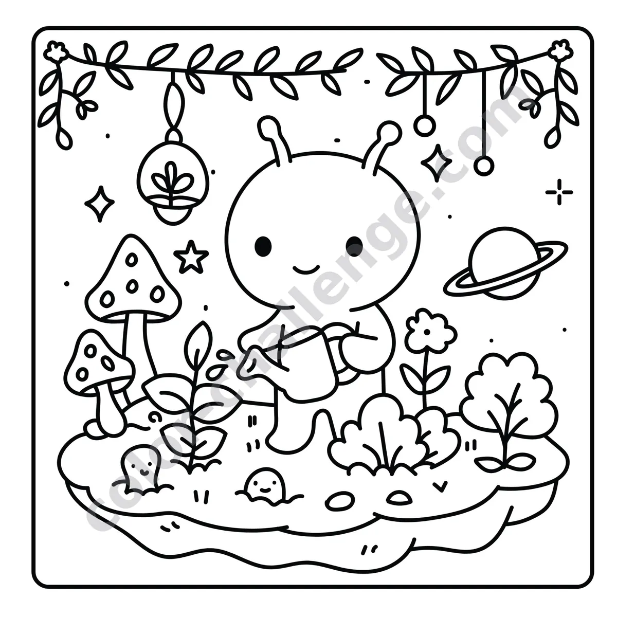 Cozy Alien, cute alien coloring book sample page 1