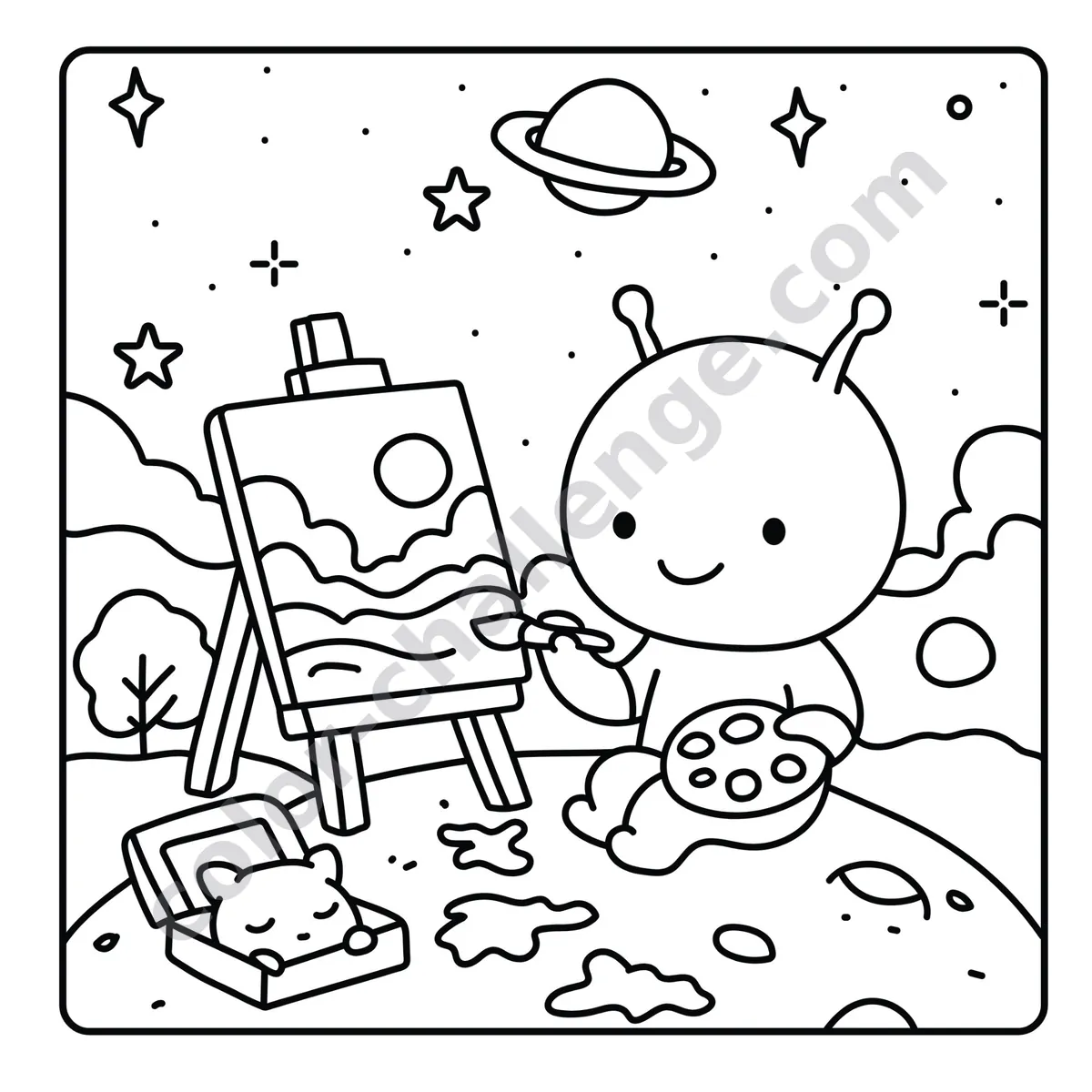 Cozy Alien, cute alien coloring book sample page 4